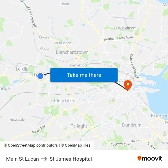 Main St Lucan to St James Hospital map