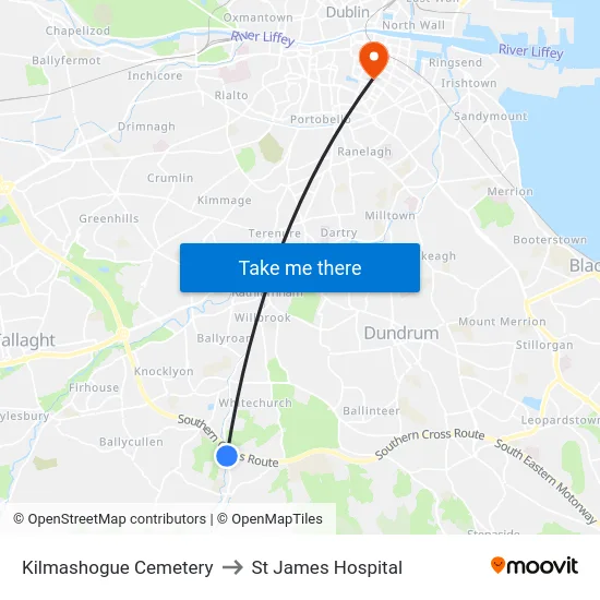 Kilmashogue Cemetery to St James Hospital map