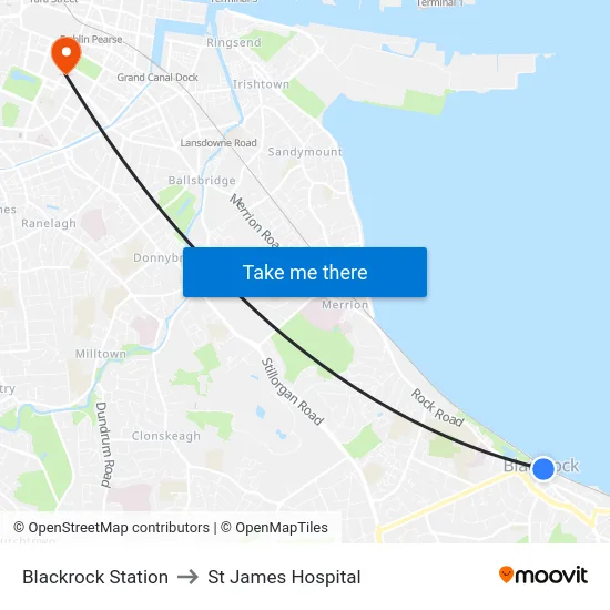 Blackrock Station to St James Hospital map