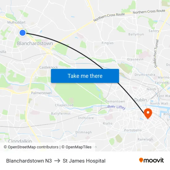 Blanchardstown N3 to St James Hospital map