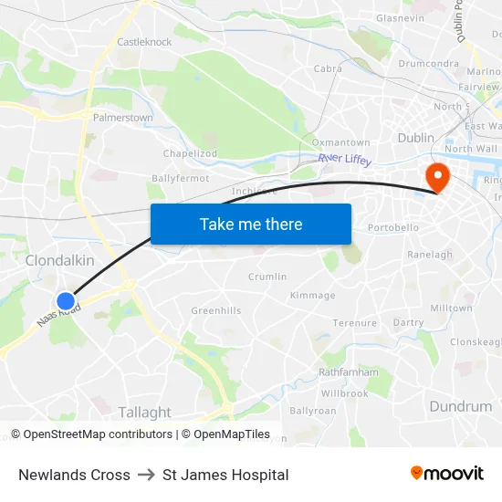 Newlands Cross to St James Hospital map