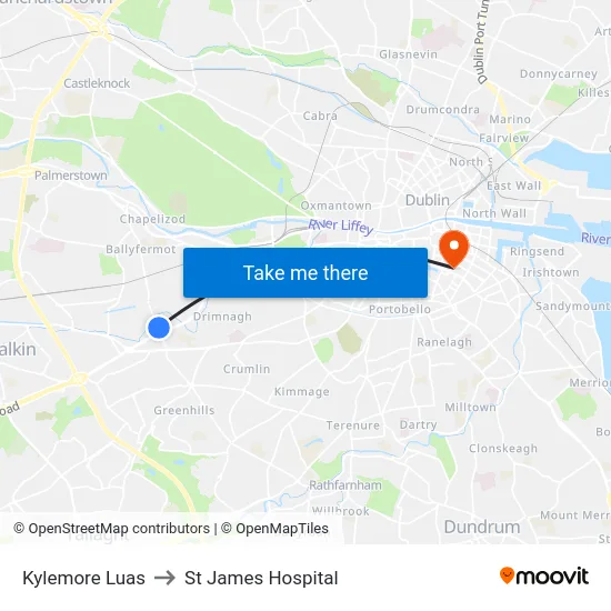 Kylemore Luas to St James Hospital map