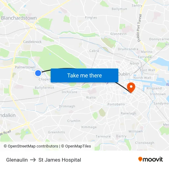 Glenaulin to St James Hospital map