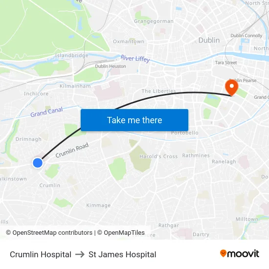 Crumlin Hospital to St James Hospital map