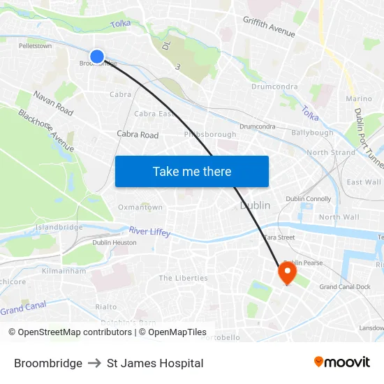 Broombridge to St James Hospital map