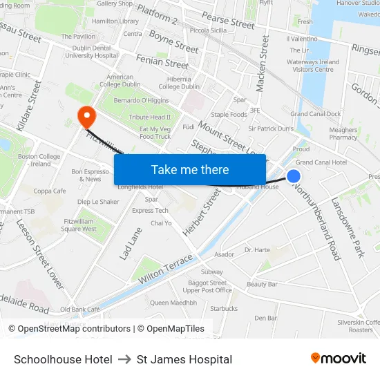 Schoolhouse Hotel to St James Hospital map