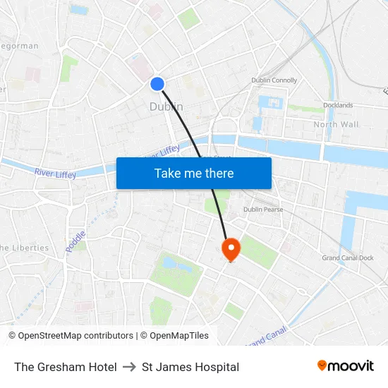 The Gresham Hotel to St James Hospital map
