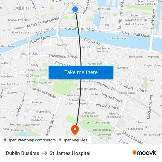 Dublin Busáras to St James Hospital map