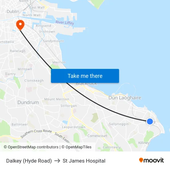 Dalkey (Hyde Road) to St James Hospital map