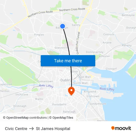 Civic Centre to St James Hospital map