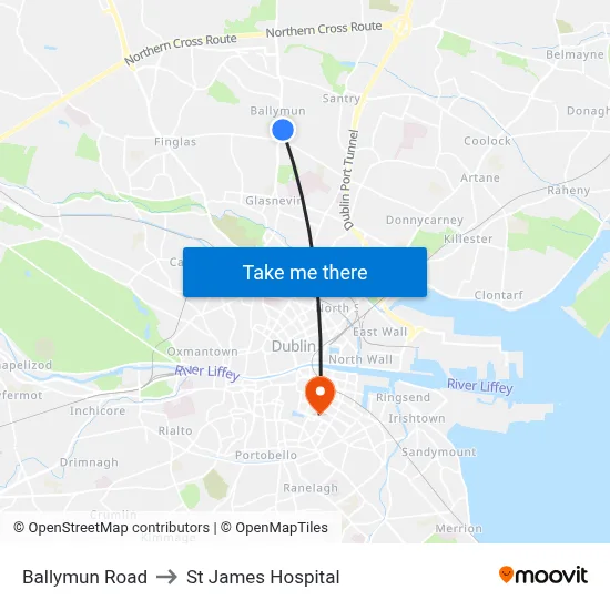 Ballymun Road to St James Hospital map