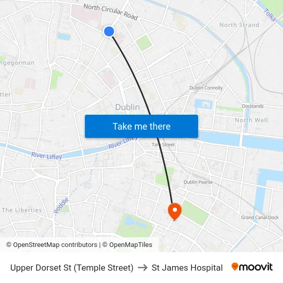 Upper Dorset St (Temple Street) to St James Hospital map
