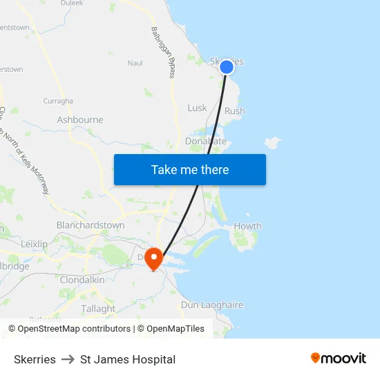 Skerries to St James Hospital map