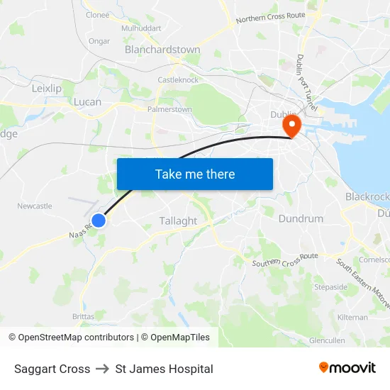 Saggart Cross to St James Hospital map