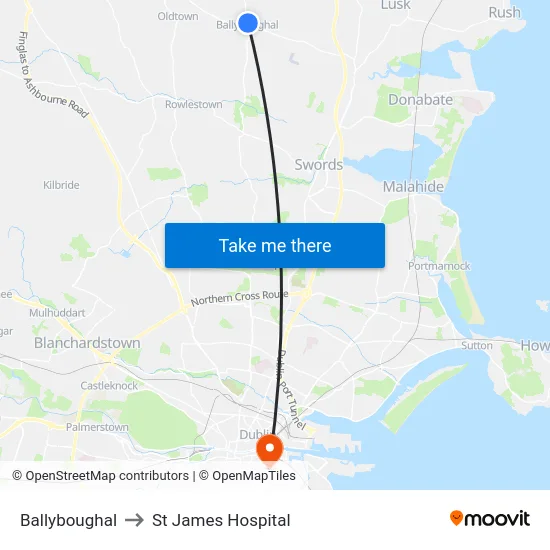 Ballyboughal to St James Hospital map