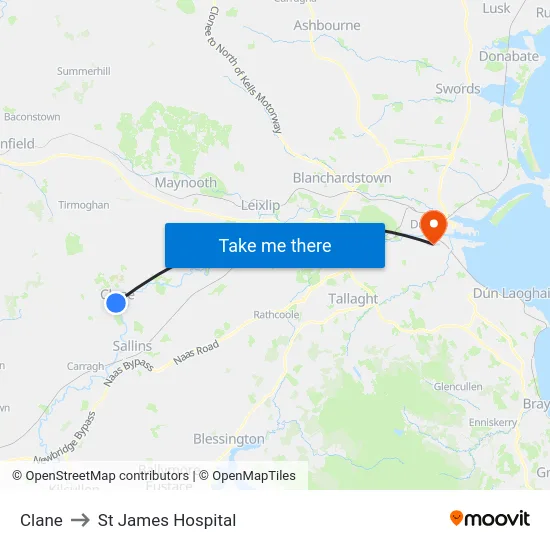 Clane to St James Hospital map