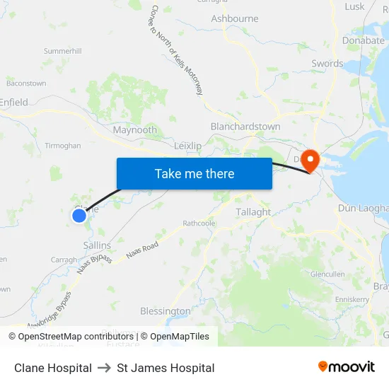 Clane Hospital to St James Hospital map