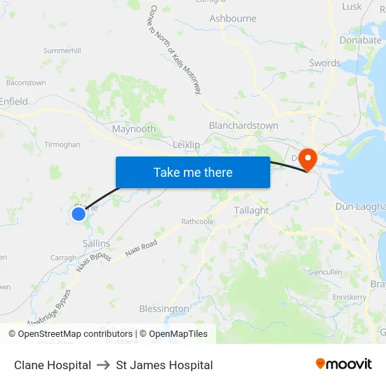 Clane Hospital to St James Hospital map