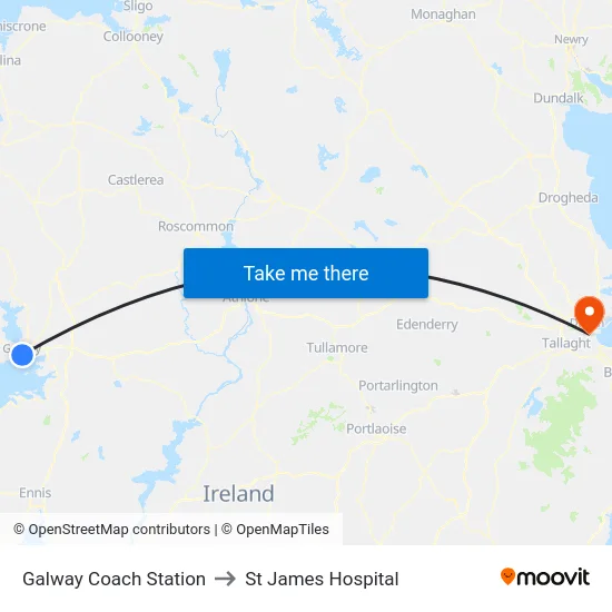 Galway Coach Station to St James Hospital map