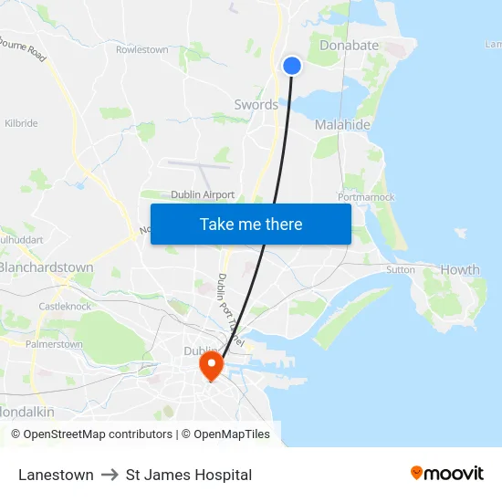 Lanestown to St James Hospital map