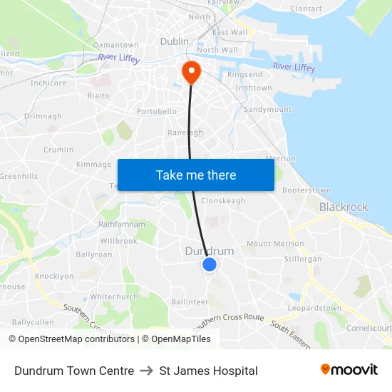 Dundrum Town Centre to St James Hospital map