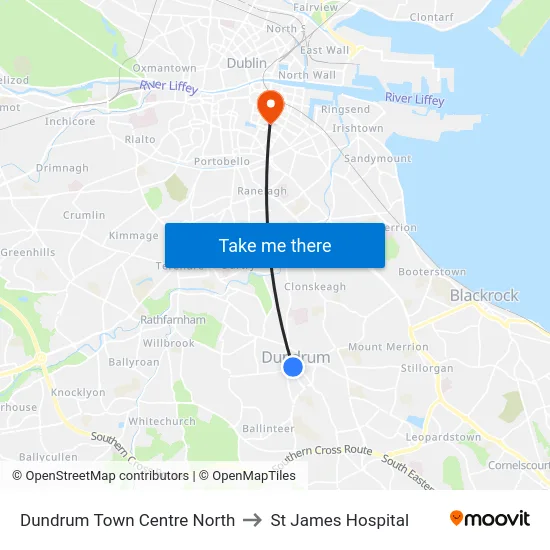 Dundrum Town Centre North to St James Hospital map