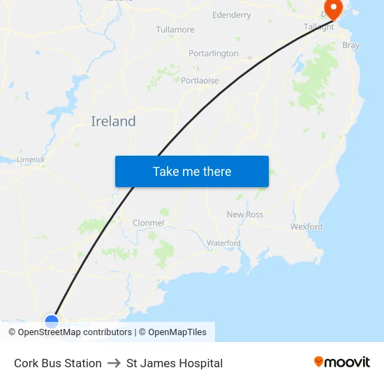 Cork Bus Station to St James Hospital map