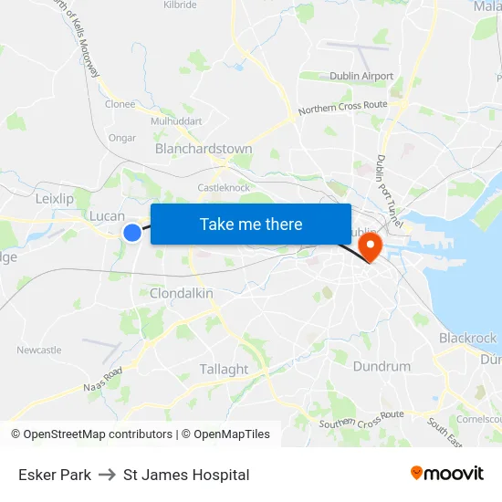 Esker Park to St James Hospital map