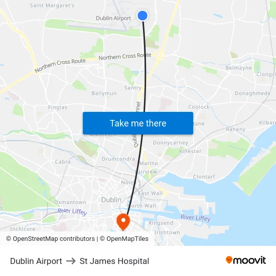 Dublin Airport to St James Hospital map