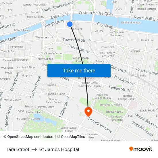 Tara Street to St James Hospital map