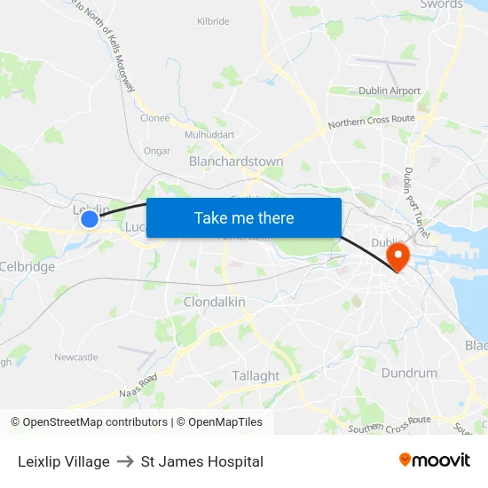 Leixlip Village to St James Hospital map