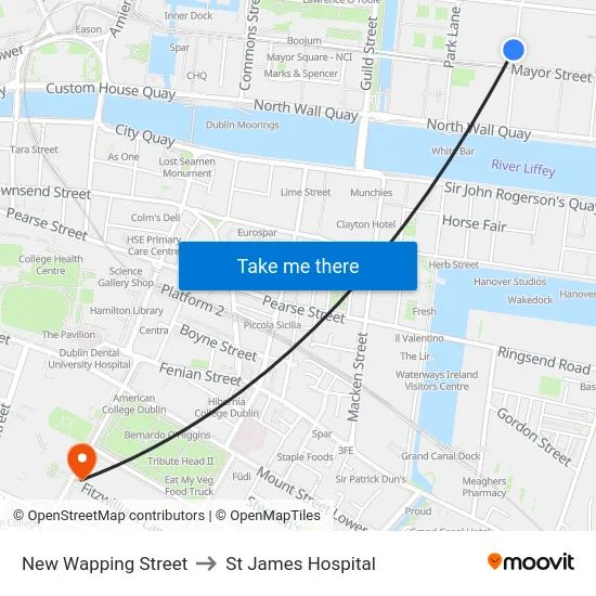 New Wapping Street to St James Hospital map
