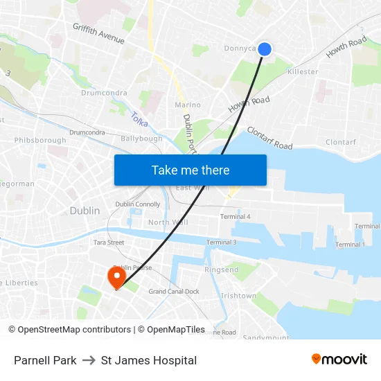 Parnell Park to St James Hospital map