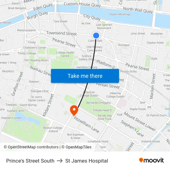 Prince's Street South to St James Hospital map