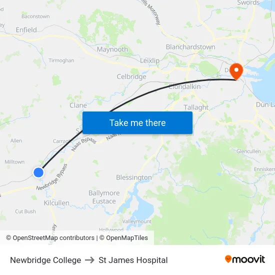 Newbridge College to St James Hospital map