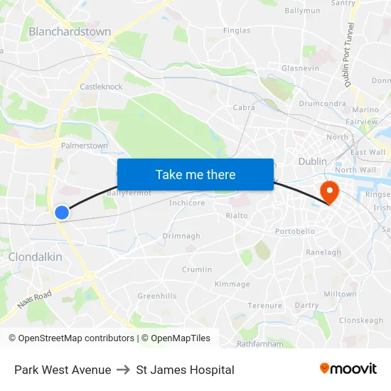 Park West Avenue to St James Hospital map