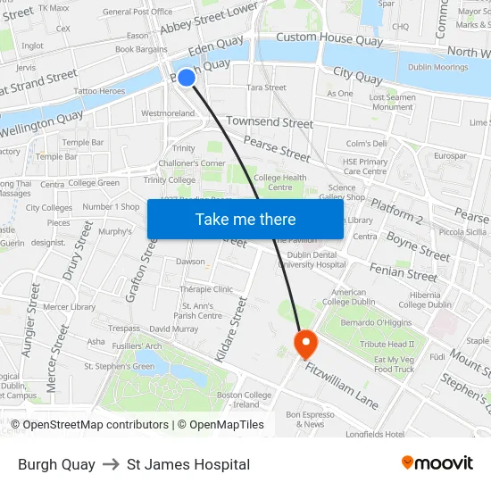 Burgh Quay to St James Hospital map