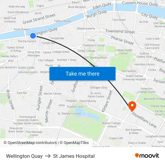 Wellington Quay to St James Hospital map