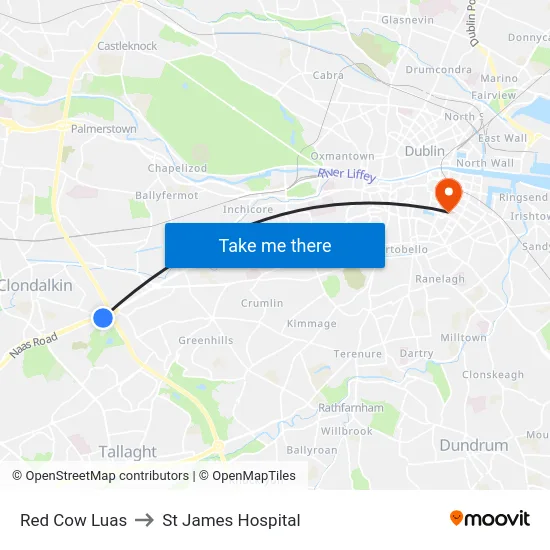 Red Cow Luas to St James Hospital map