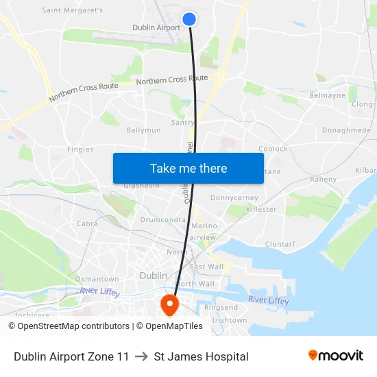 Dublin Airport Zone 11 to St James Hospital map