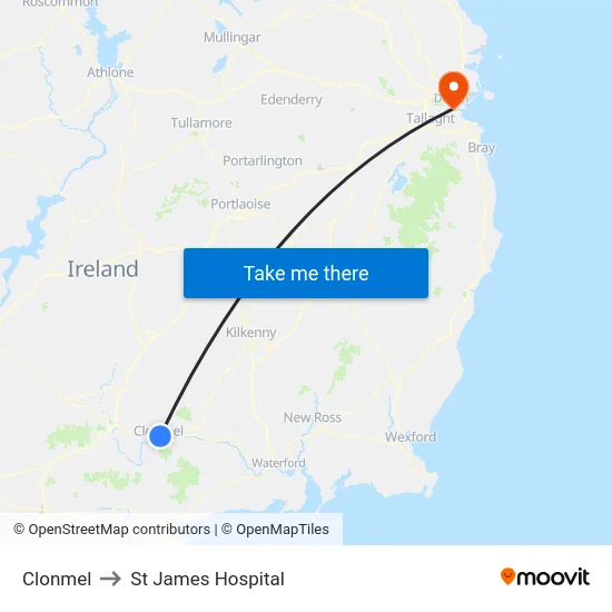 Clonmel to St James Hospital map