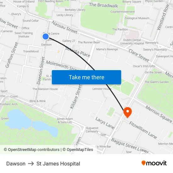 Dawson to St James Hospital map