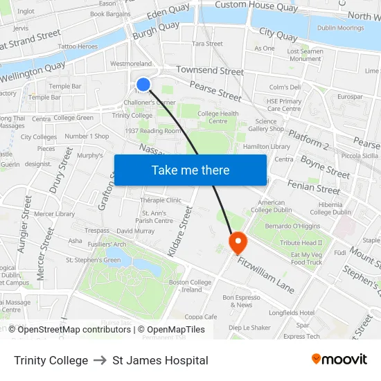 Trinity College to St James Hospital map