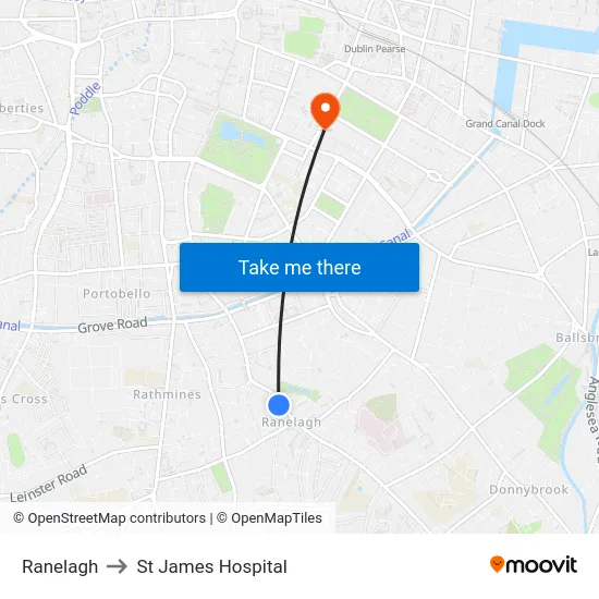 Ranelagh to St James Hospital map