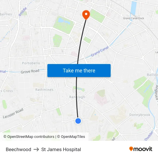 Beechwood to St James Hospital map