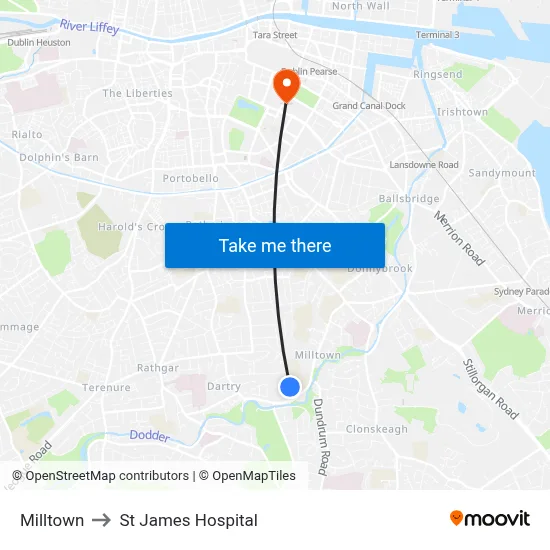 Milltown to St James Hospital map