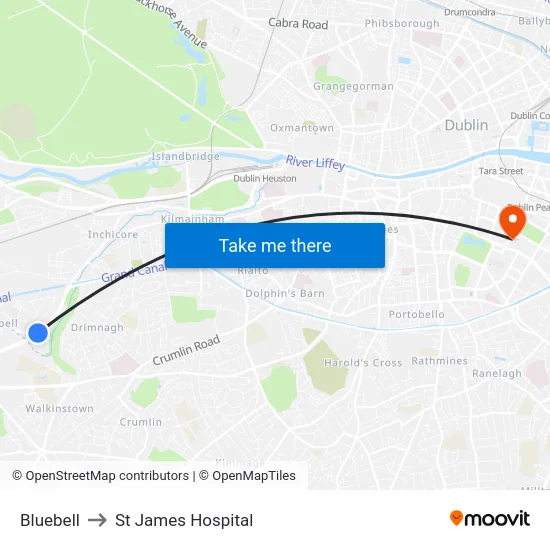 Bluebell to St James Hospital map