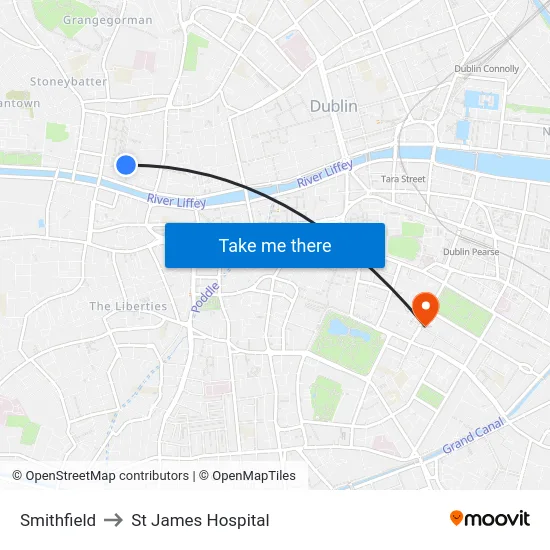 Smithfield to St James Hospital map