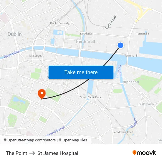 The Point to St James Hospital map