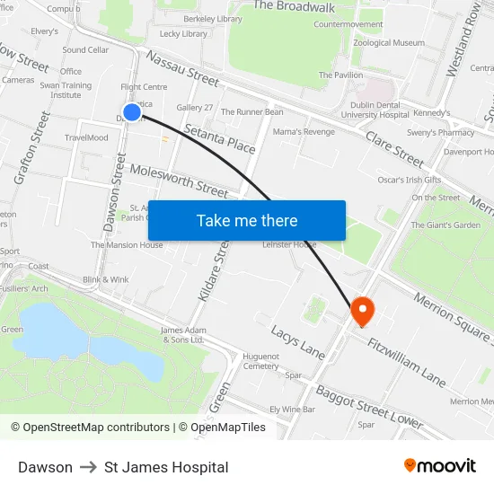 Dawson to St James Hospital map